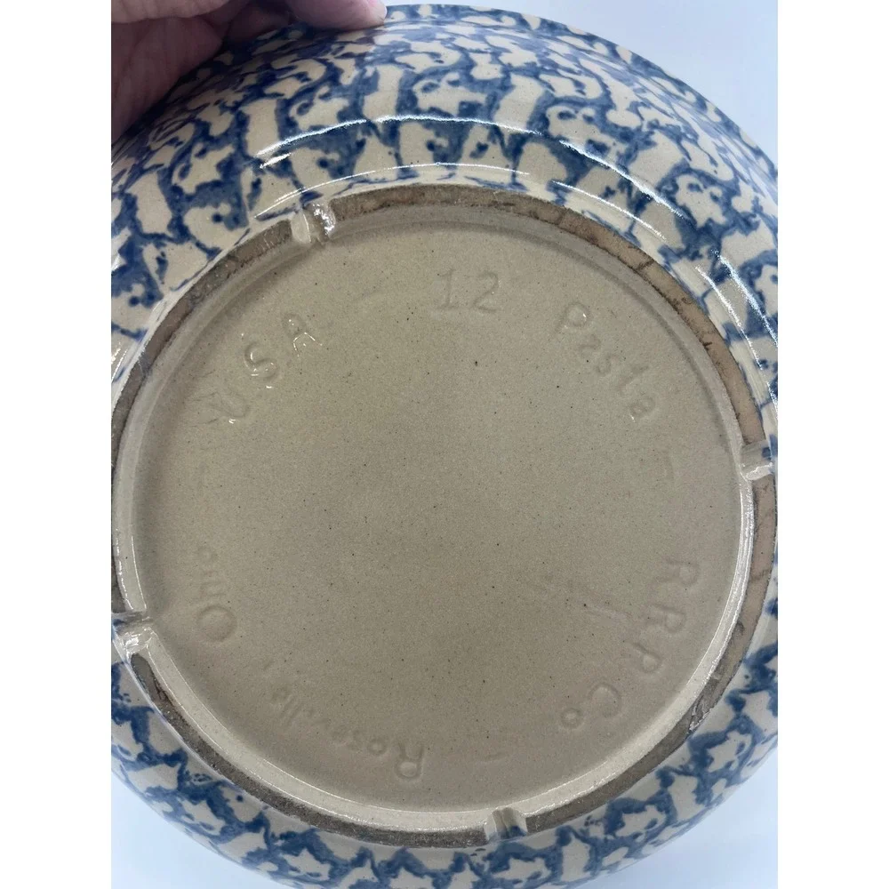 RRP Co Roseville Ohio USA Spongeware Pasta Bowl 12 Inch Blue Tan Stoneware